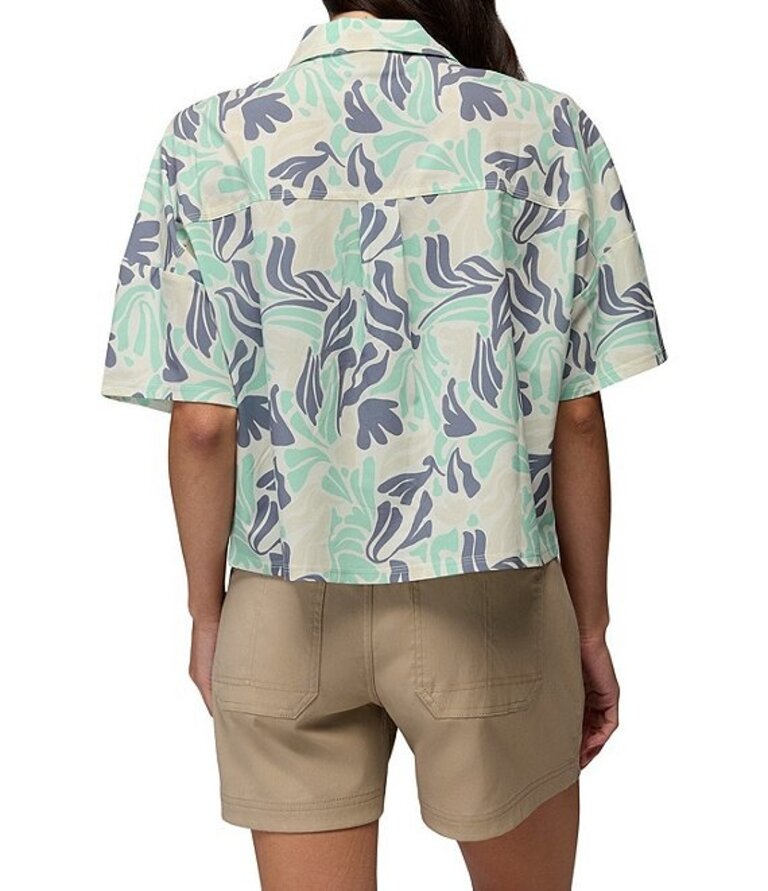 Prana Railay Camp Short Sleeve Sea Glass Seaweed Printed Button Front Crop Top