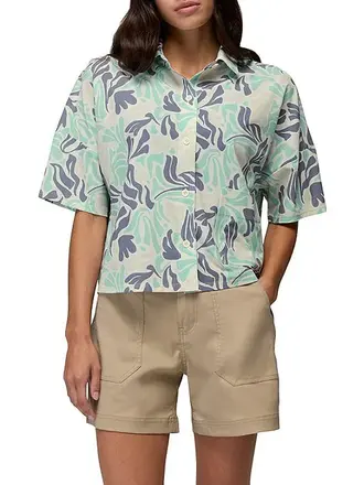 Prana Railay Camp Short Sleeve Sea Glass Seaweed Printed Button Front Crop Top