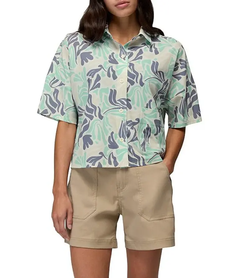 Prana Railay Camp Short Sleeve Sea Glass Seaweed Printed Button Front Crop Top