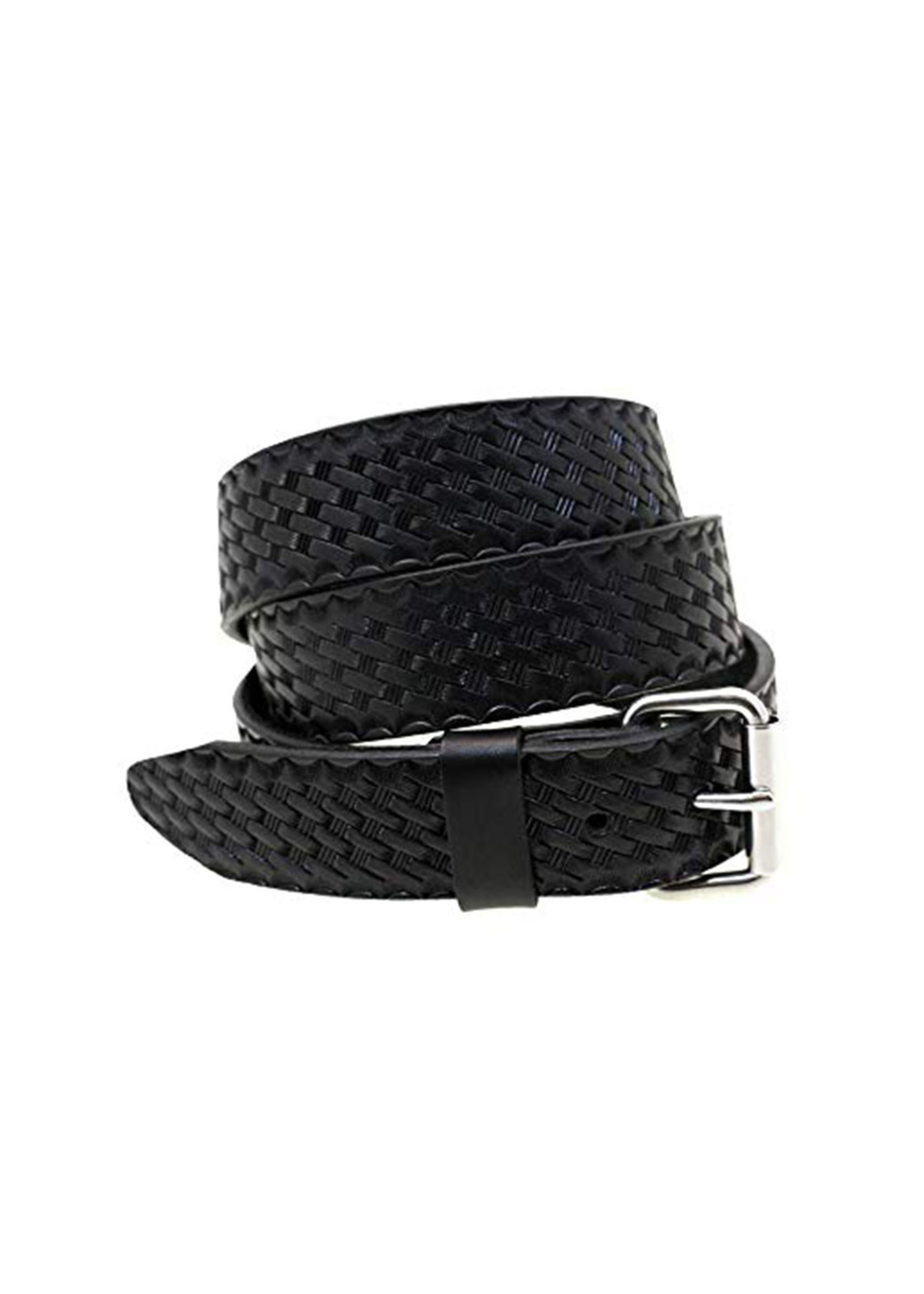 Black basket weave belt with silver buckle