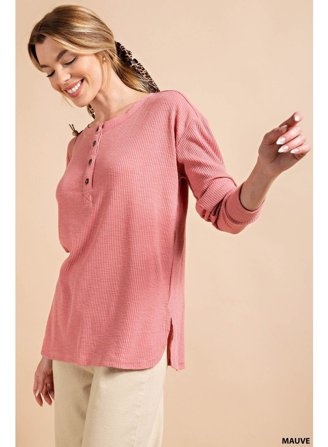 Soft Rayon Ribbed Henley Top w/Button Detail
