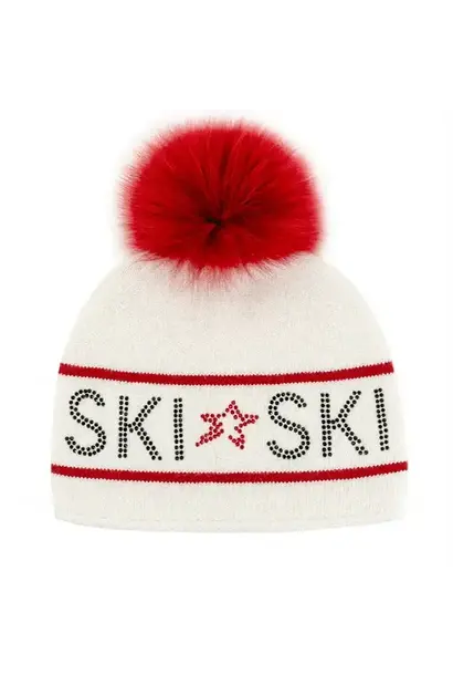 Mitchie White "Ski" Hat /Red Fox Pom Pom