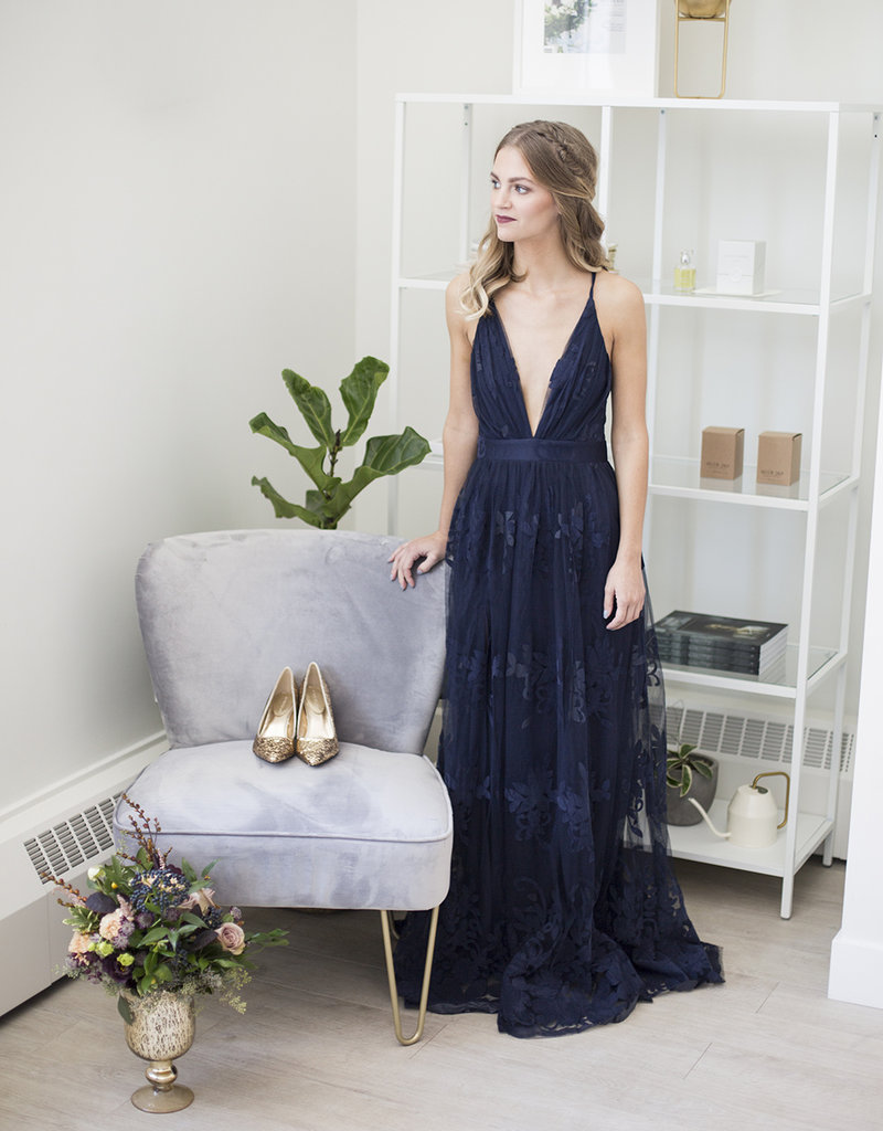 Luxxel Halle Maxi Dress with Velvet Flower Detail - Navy