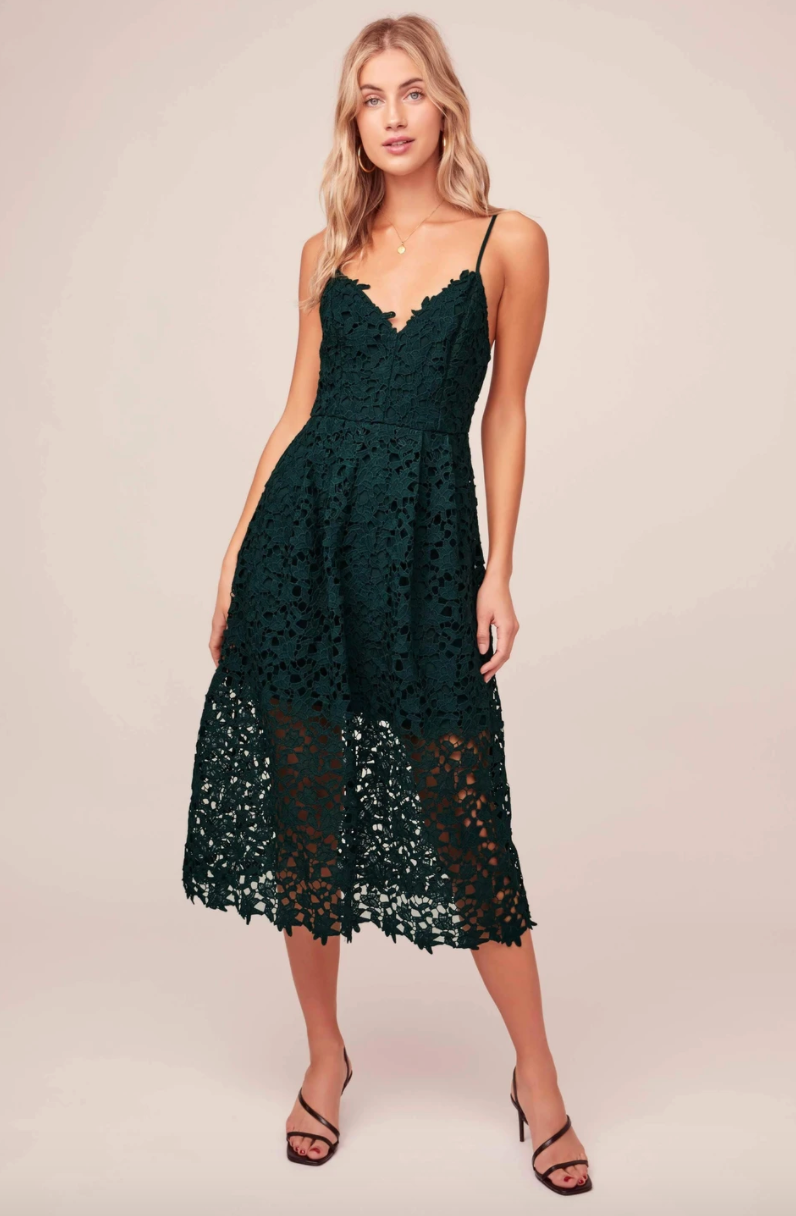 Kenna Lace Midi Dress in Dark Green Adorn Boutique