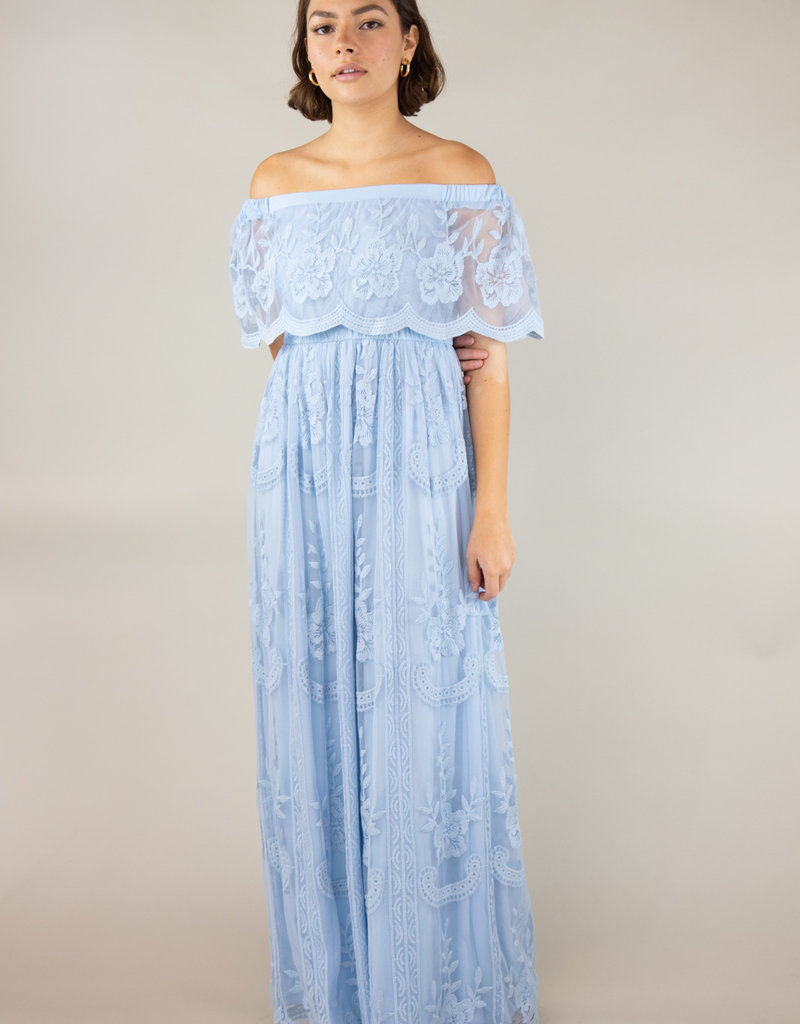 Cloud10 Rowan Off-the-Shoulder Lace Maxi Dress in Blue