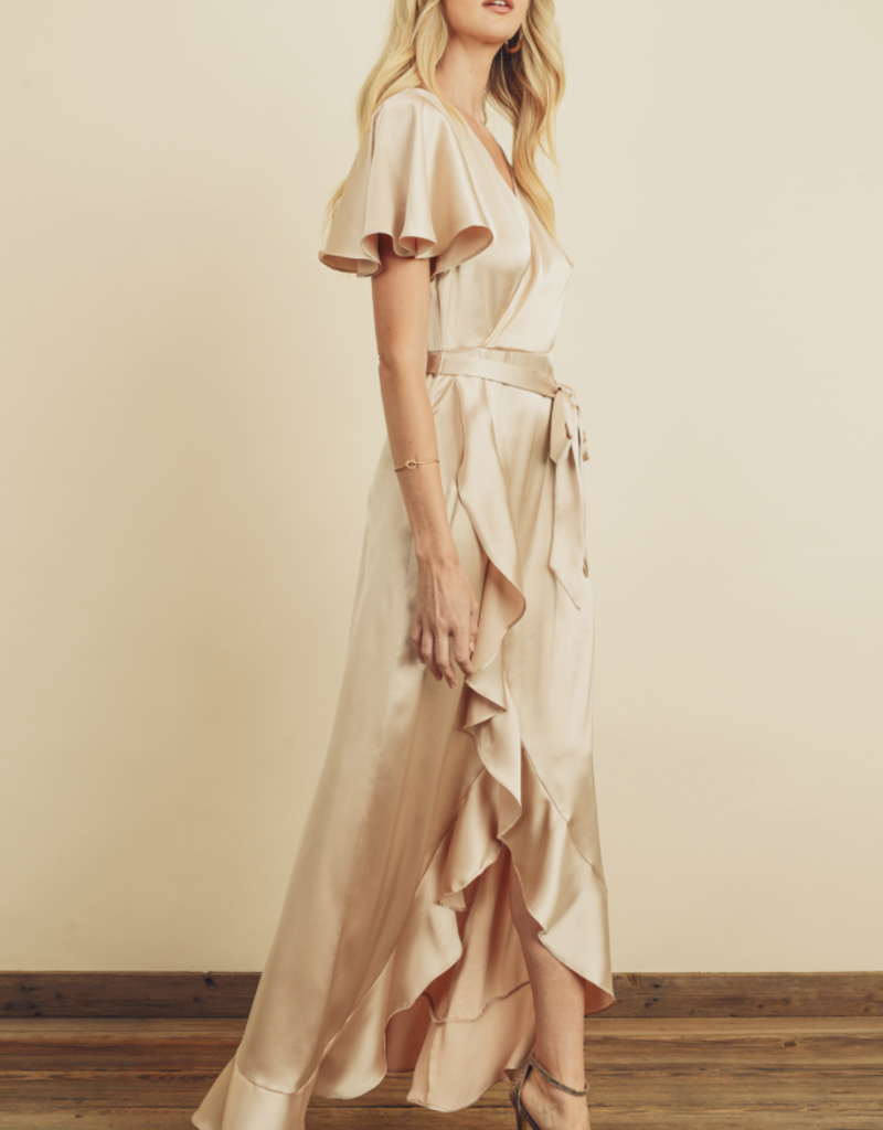 satin ruffle maxi dress