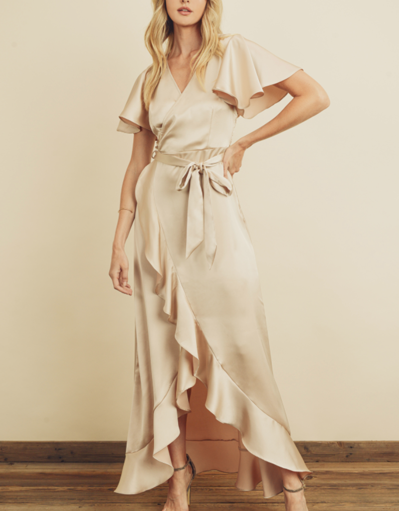 Satin Ruffled Maxi Wrap Dress - Adorn Boutique