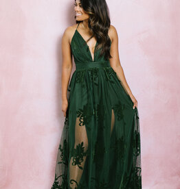 Luxxel Halle Maxi Dress With Velvet Flower Detail - Dark Green