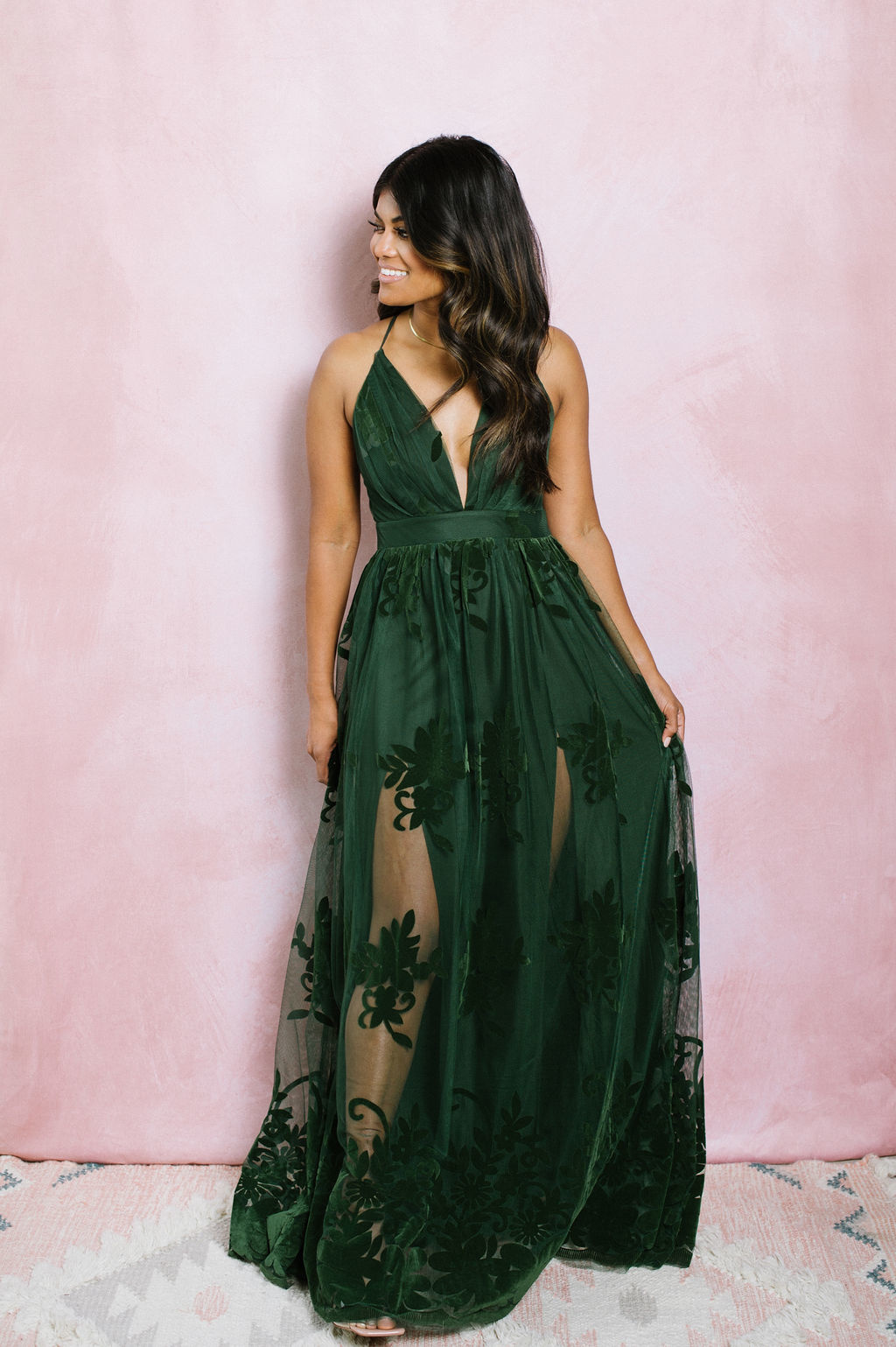 Halle Maxi Dress With Velvet Flower Detail - Dark Green - Adorn Boutique