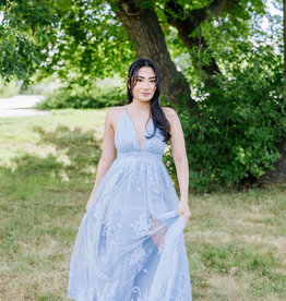 Luxxel Halle Maxi Dress With Velvet Flower Detail - Light Blue