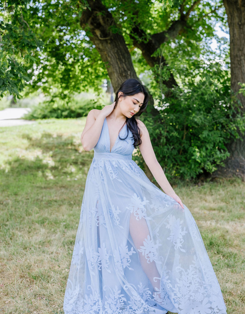 Luxxel Halle Maxi Dress With Velvet Flower Detail -  Light Blue