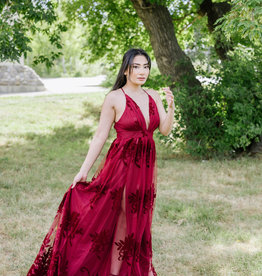 Luxxel Halle Maxi Dress With Velvet Flower Detail - Wine