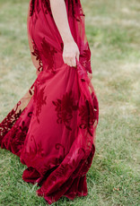 Luxxel Halle Maxi Dress With Velvet Flower Detail - Wine