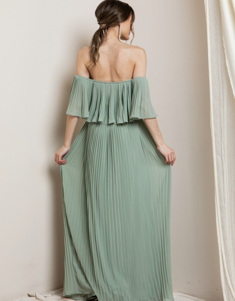 Leah Pleated Off-the-Shoulder Gown - Adorn Boutique