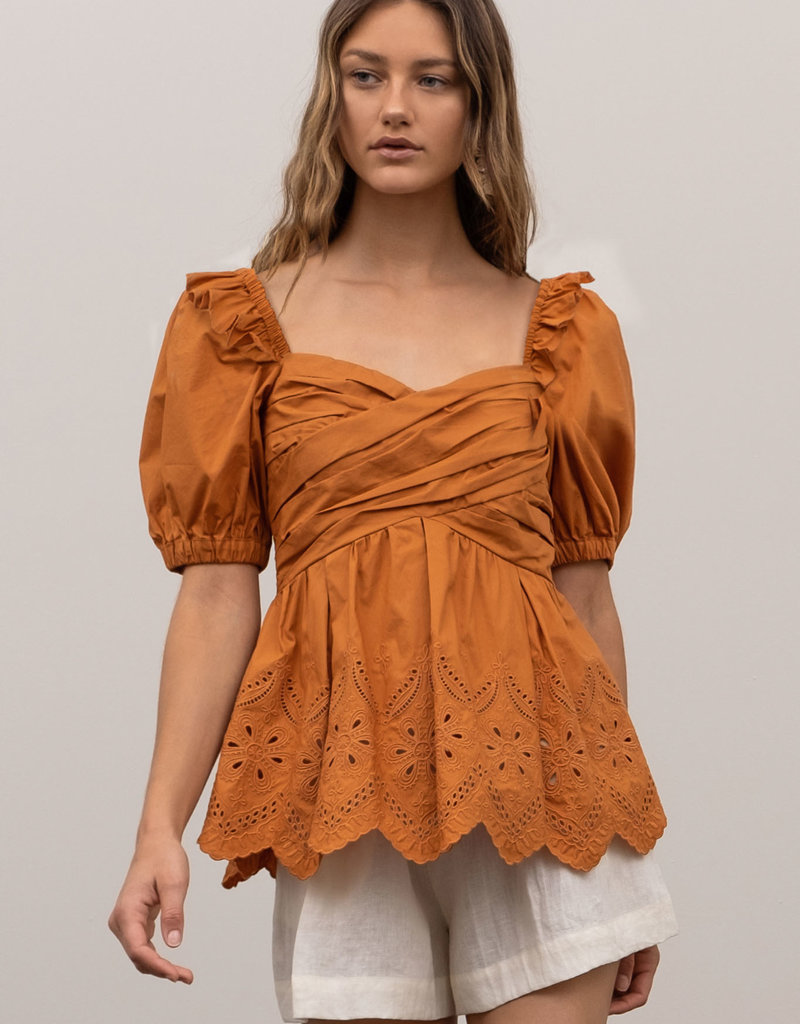 Moon River Eliana Puff Sleeve Eyelet Top