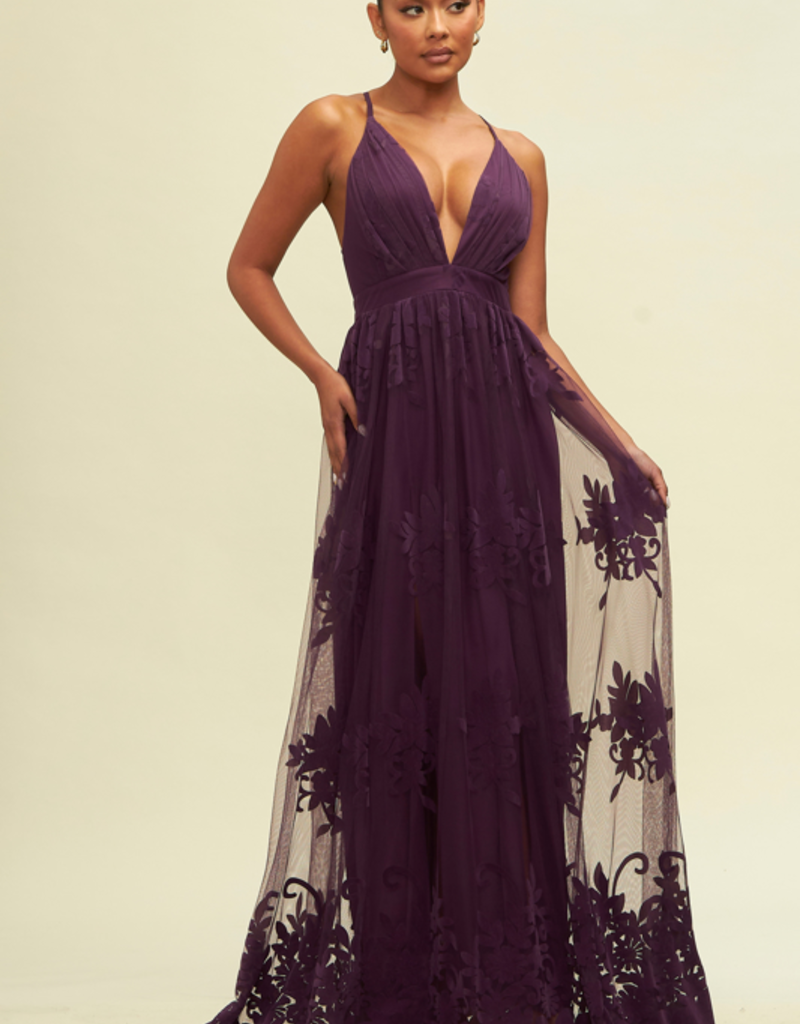 Luxxel Halle Maxi Dress with Velvet Flower Detail - Deep Plumb