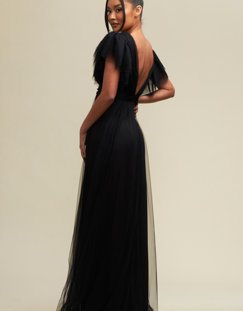 Luxxel Rowena Ruffle Shoulder Tulle Maxi