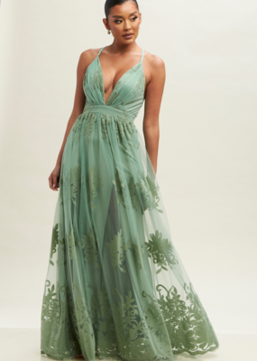 Luxxel Halle Maxi Dress With Velvet Flower Detail - Sage