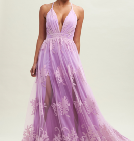 Luxxel Halle Maxi Dress with Velvet Flower Detail - Lavender