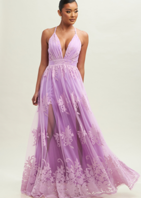 Luxxel Halle Maxi Dress with Velvet Flower Detail - Lavender