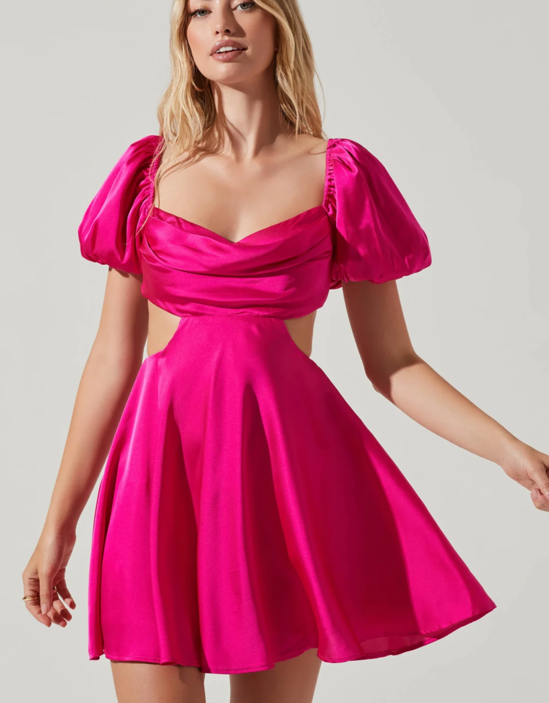 Dusty Pink Bust Puff Sleeve Bonded Satin Dress