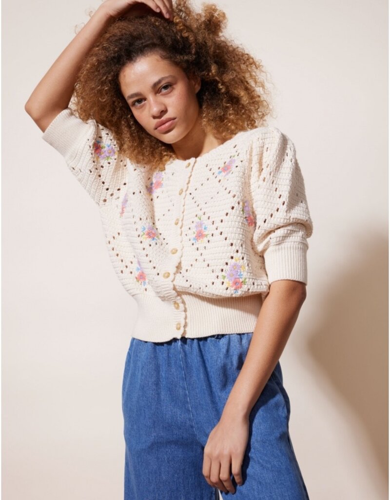 Embroidered Posy Cami Top and Cardigan Set in Cream