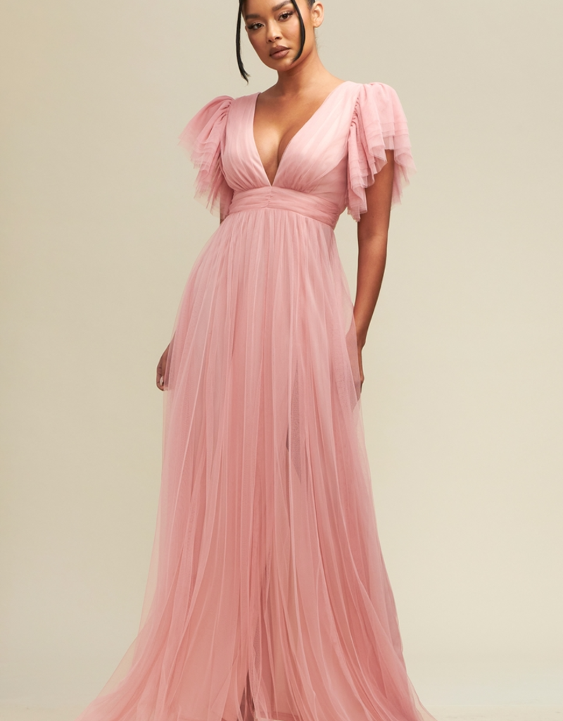 Luxxel Rowena Ruffle Shoulder Tulle Maxi