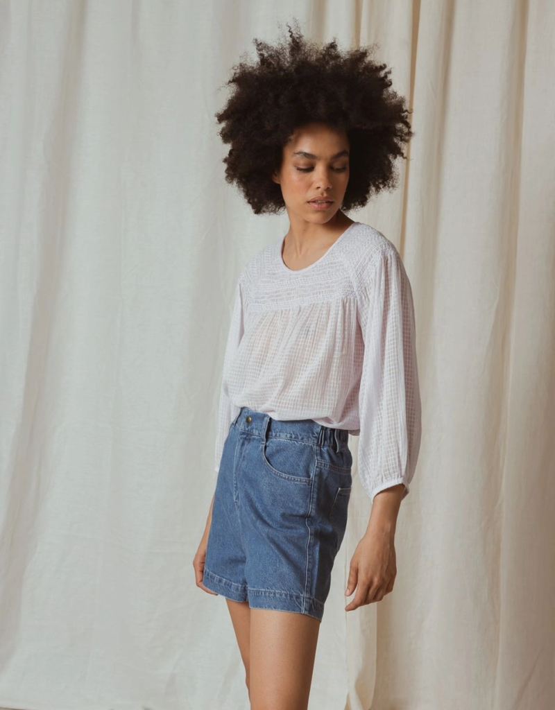 Indi and Cold Delores Short Sleeve Shirred Waist Blouse