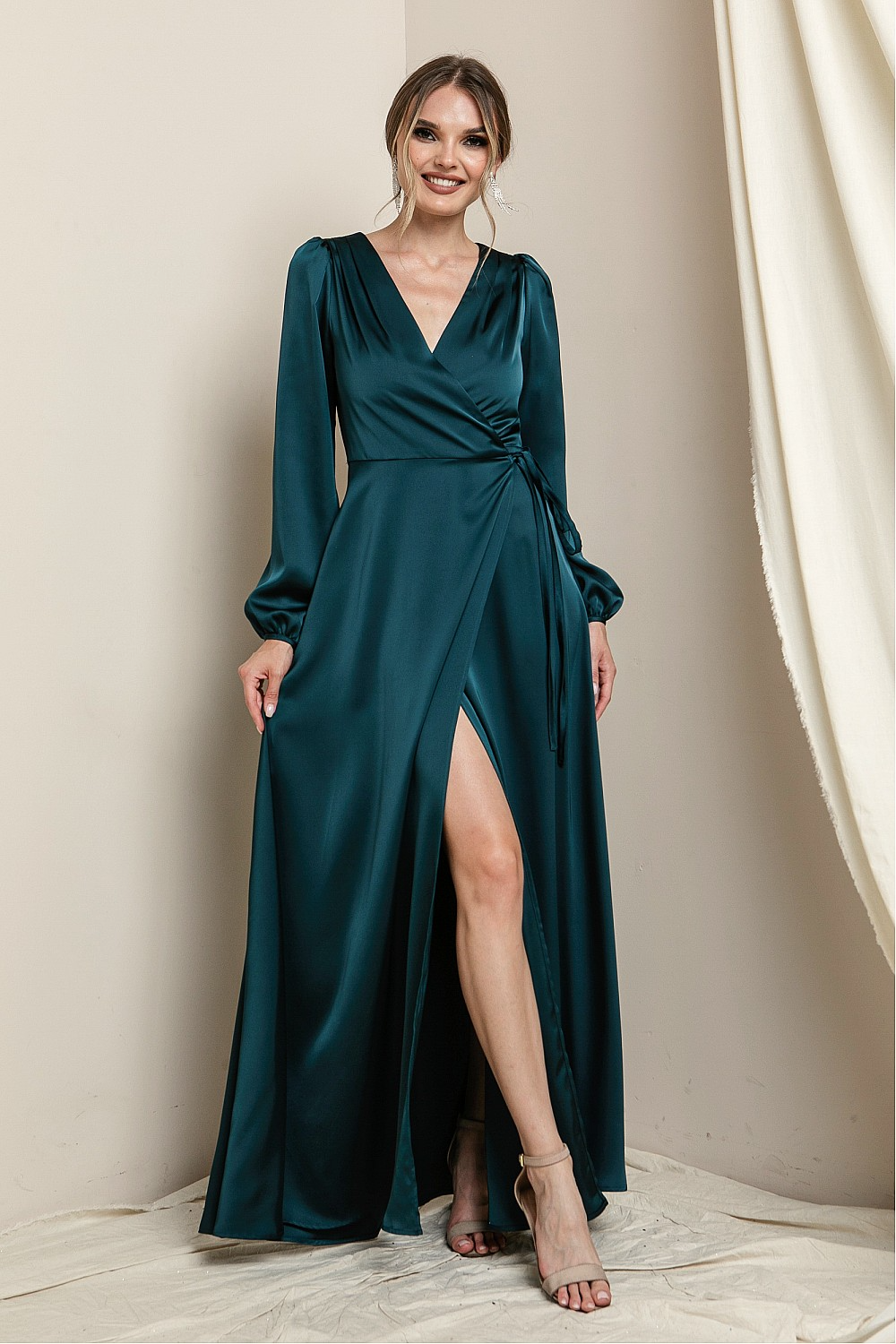 Long Sleeve Sequin V Wrap Maxi Dress In Emerald | Goddiva | SilkFred US