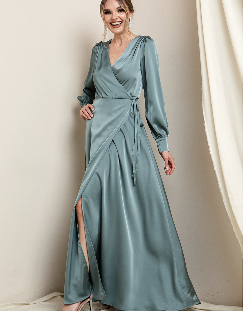 Soieblu Lesa Long Sleeve Satin Maxi in Deep Sage
