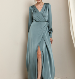 Soieblu Lesa Long Sleeve Satin Maxi in Deep Sage