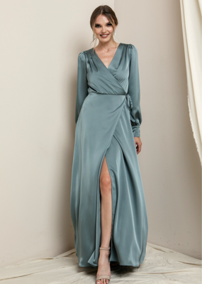 Soieblu Lesa Long Sleeve Satin Maxi in Deep Sage