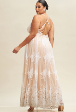 Luxxel Halle Maxi Dress with Velvet Flower Detail - White with Nude Lining