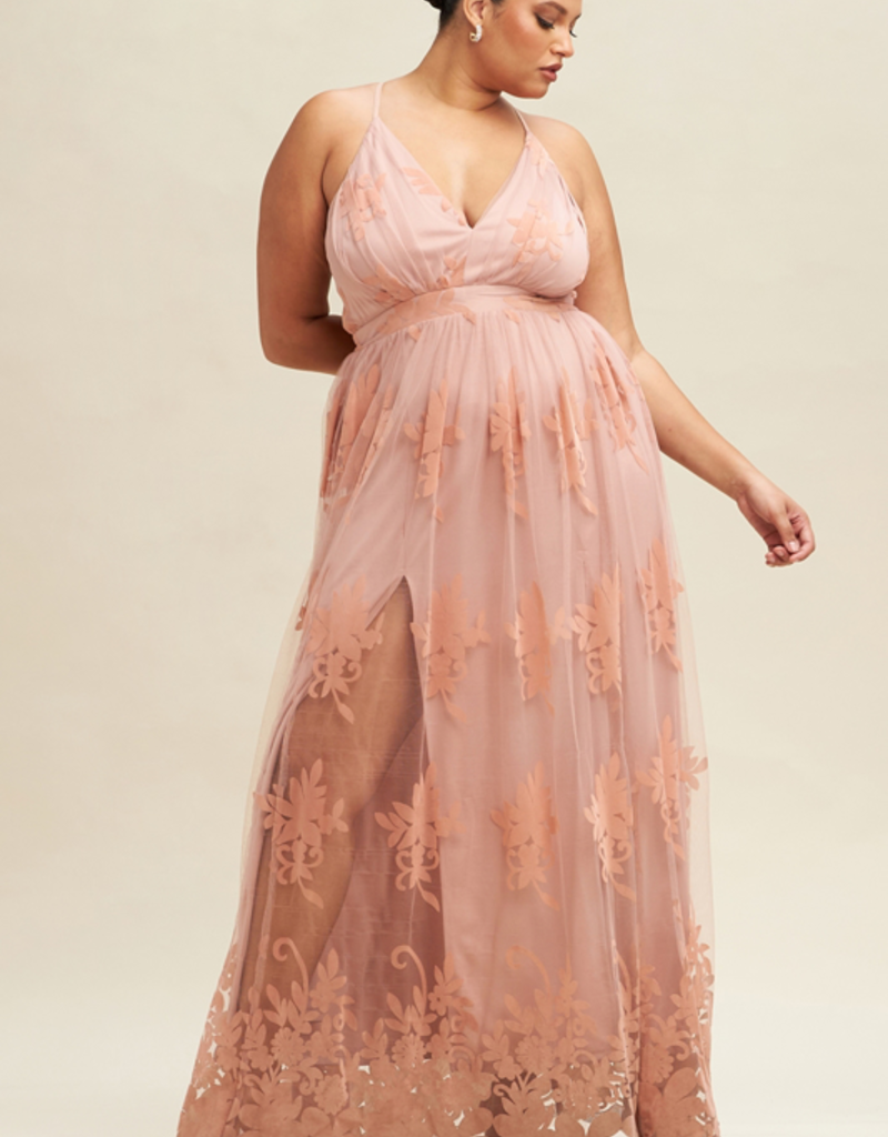 Luxxel Halle Maxi Dress with Velvet Flower Detail - Blush