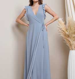 Soieblu Flutter Sleeve Maxi Wrap Dress in Dusty Blue