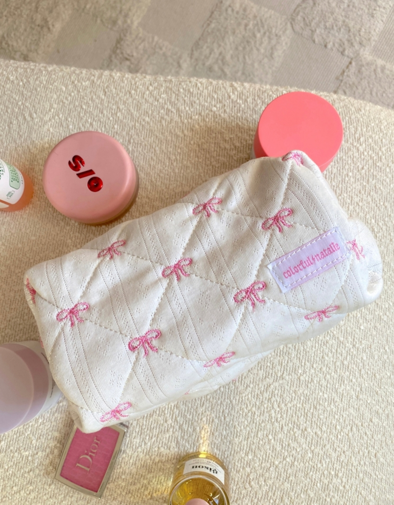 Colorful Natalie Pink Bows Embroidered Makeup Bag