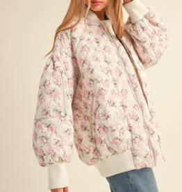 Mable Breanne Oversized Floral Bomber Jacket with Puff Sleeves - Pink and White Floral