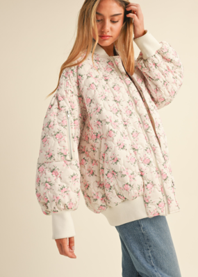 Mable Breanne Oversized Floral Bomber Jacket with Puff Sleeves - Pink and White Floral