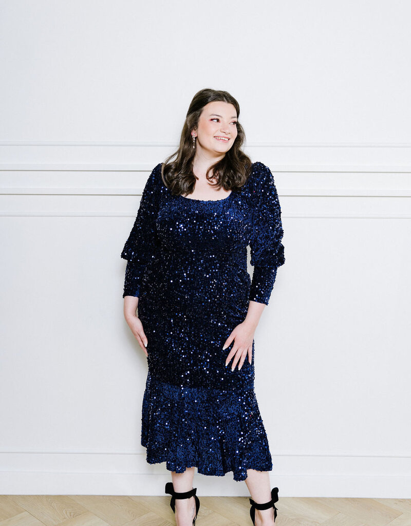 Sequin midi dress with sleeves on sale