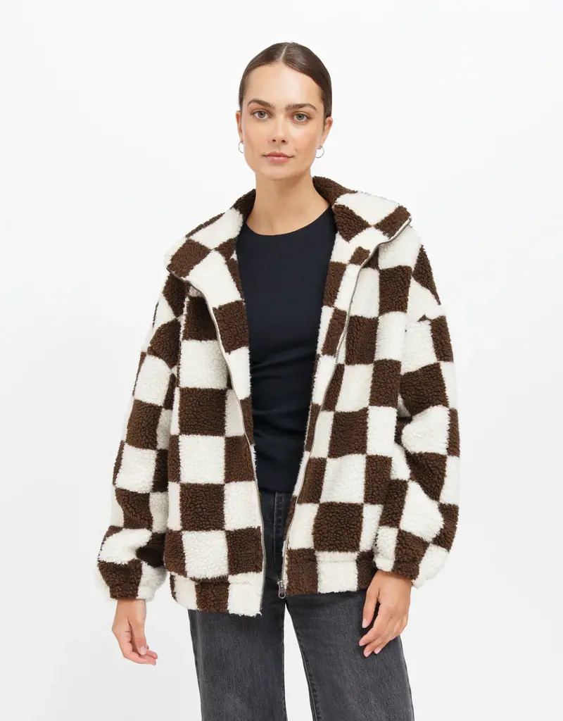 Brunette the Label Checkerboard Full Zip Sherpa Jacket