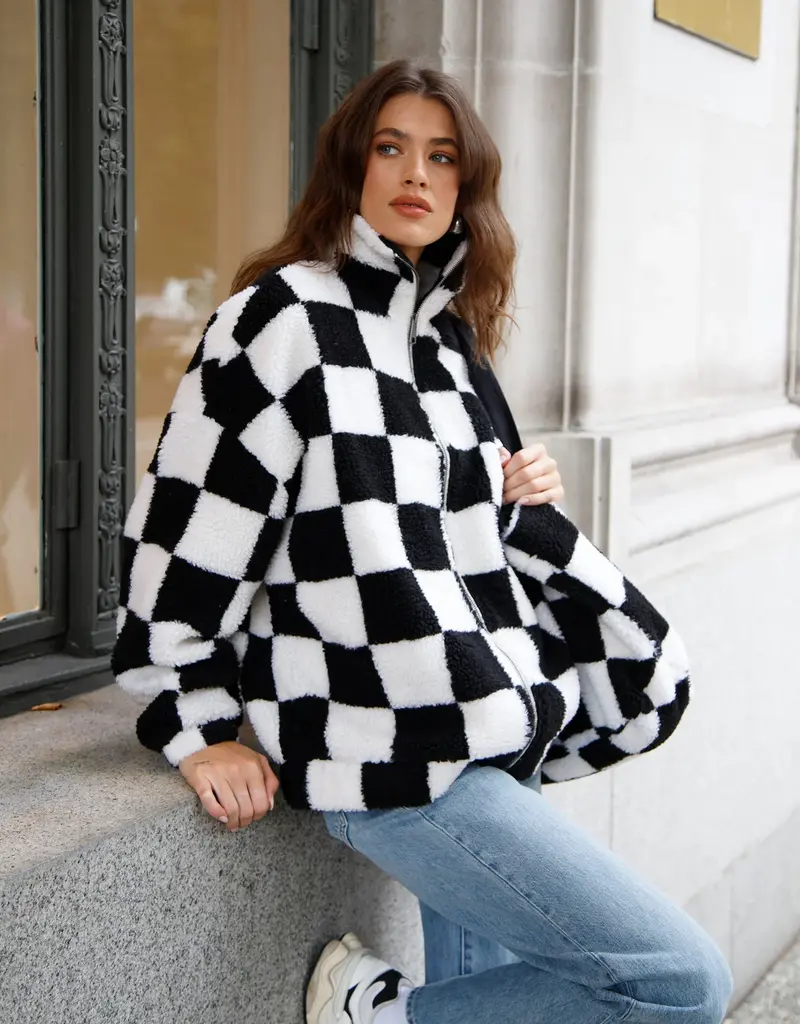 Brunette the Label Checkerboard Full Zip Sherpa Jacket