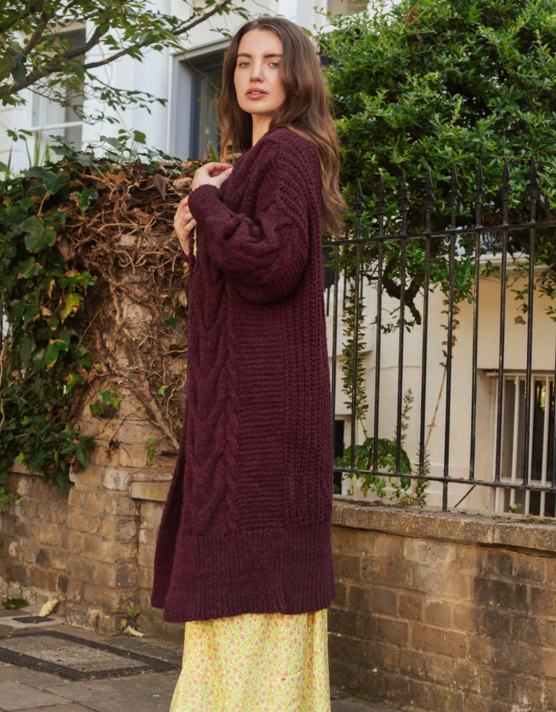 Cara and the Sky Alex Balloon Sleeve Cable Maxi Cardigan in Wine