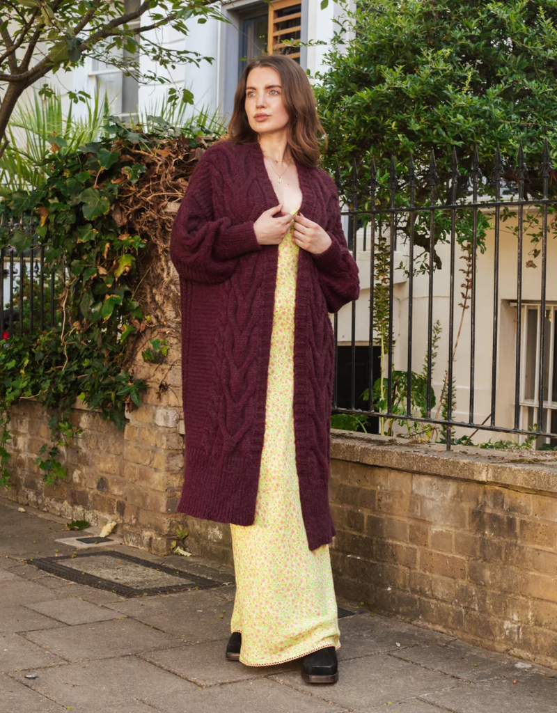 Cara and the Sky Alex Balloon Sleeve Cable Maxi Cardigan in Wine