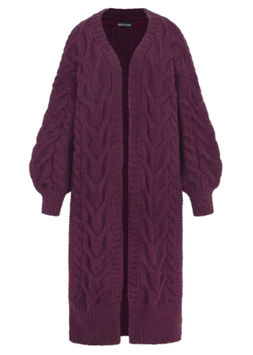 Cara and the Sky Alex Balloon Sleeve Cable Maxi Cardigan in Burgundy