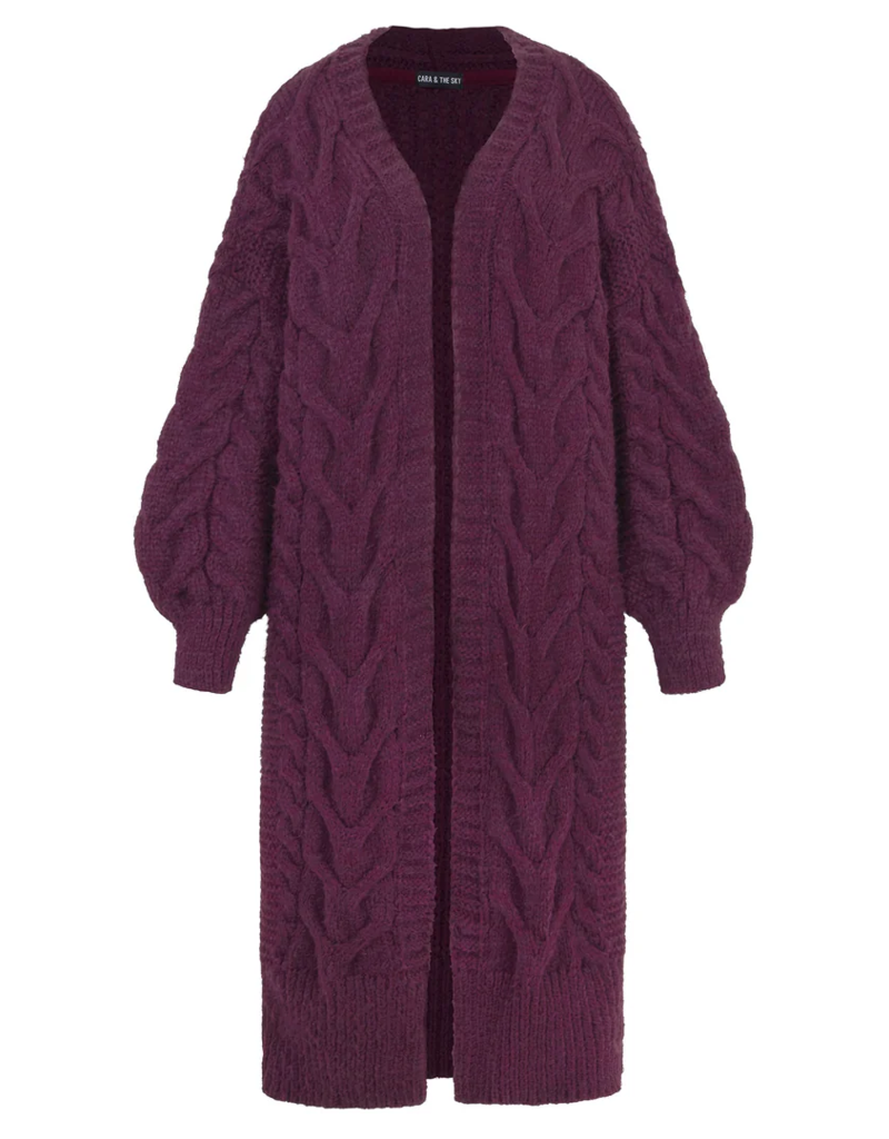Cara and the Sky Alex Balloon Sleeve Cable Maxi Cardigan in Wine