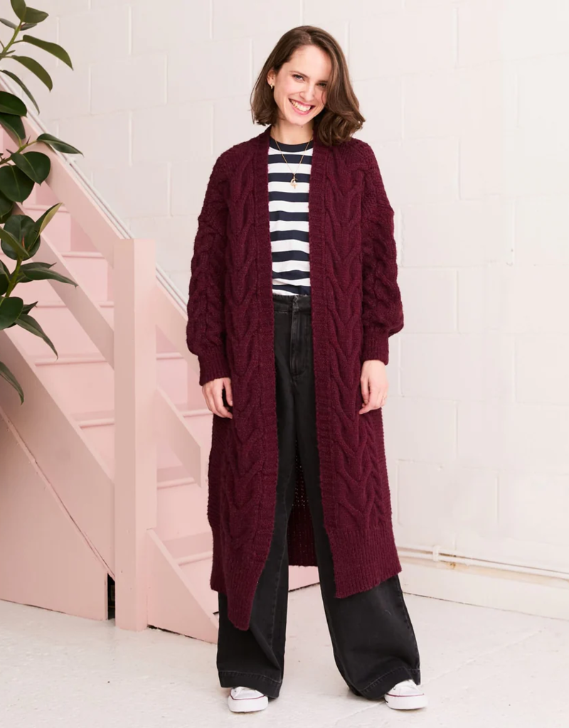 Cara and the Sky Alex Balloon Sleeve Cable Maxi Cardigan in Wine