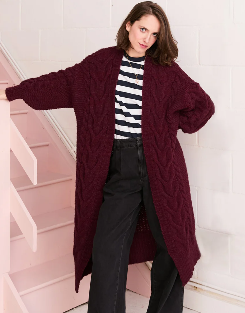 Cara and the Sky Alex Balloon Sleeve Cable Maxi Cardigan in Wine