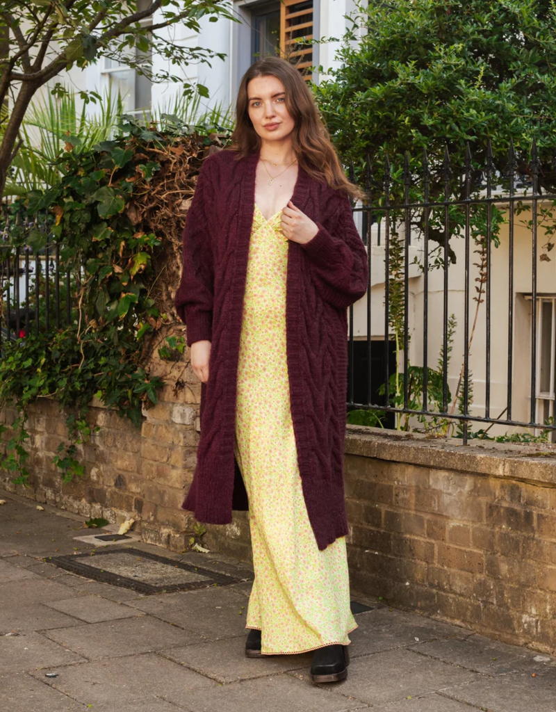 Cara and the Sky Alex Balloon Sleeve Cable Maxi Cardigan in Wine