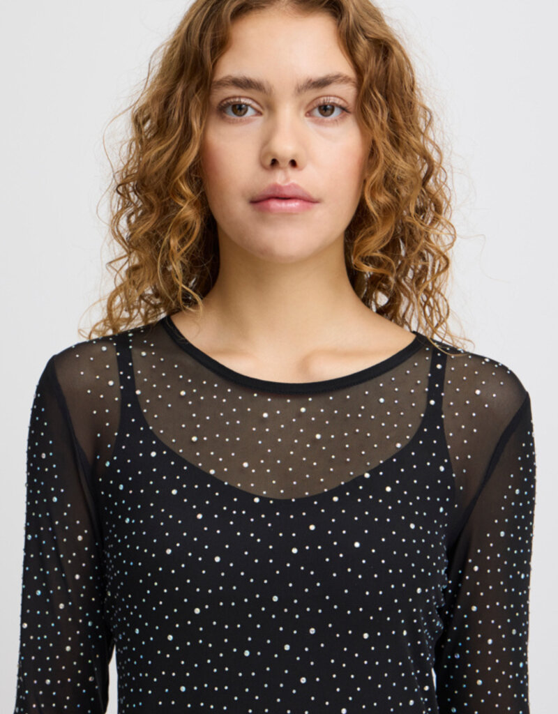 ICHI Volia Long Sleeve Sheer Embellished Top