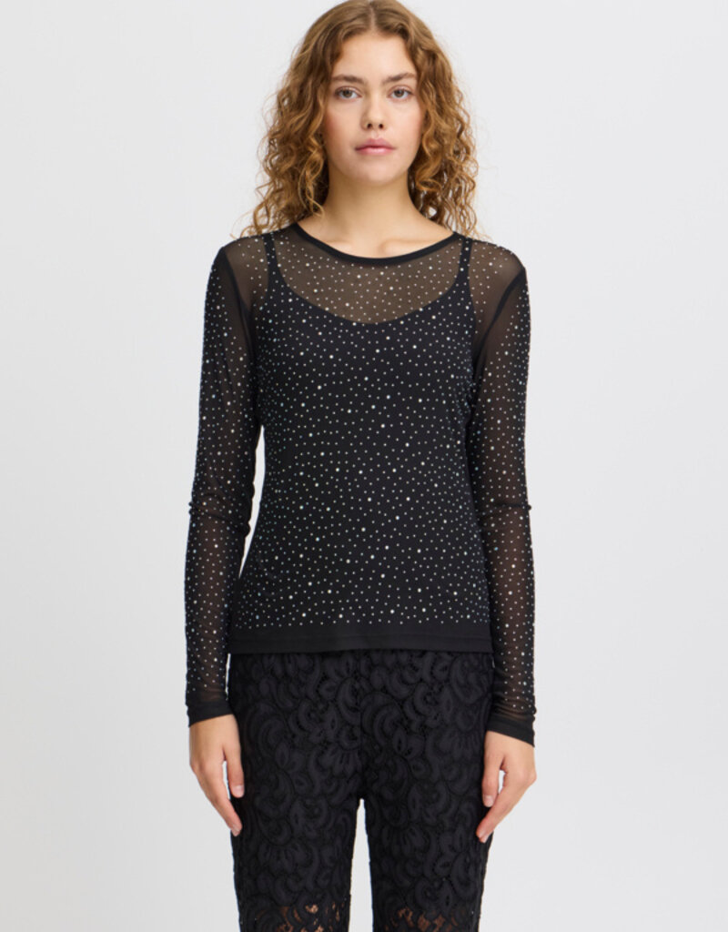 ICHI Volia Long Sleeve Sheer Embellished Top